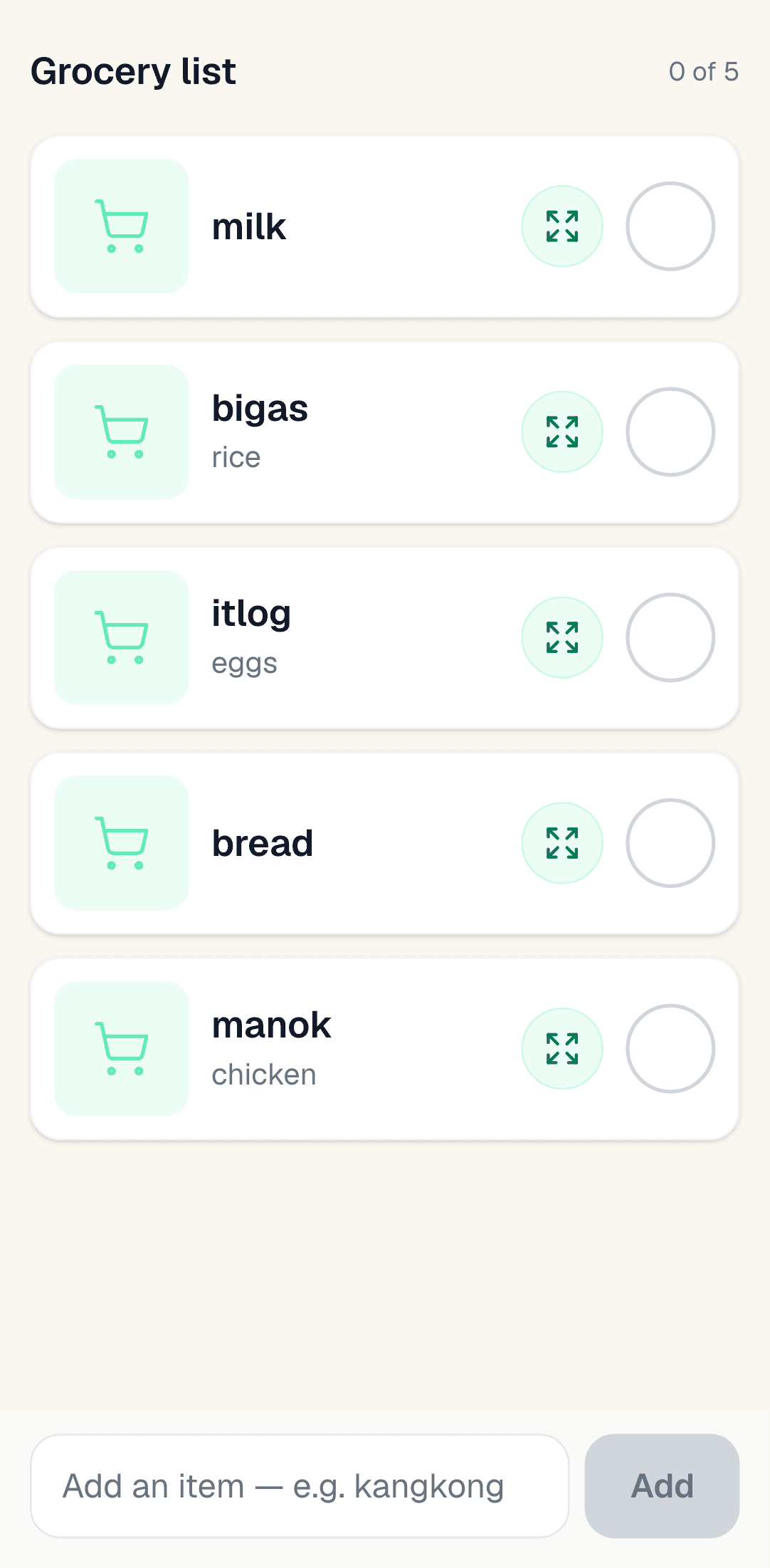The SamaKasa grocery list showing five items with dual-language labels: bigas and rice, itlog and eggs, manok and chicken.