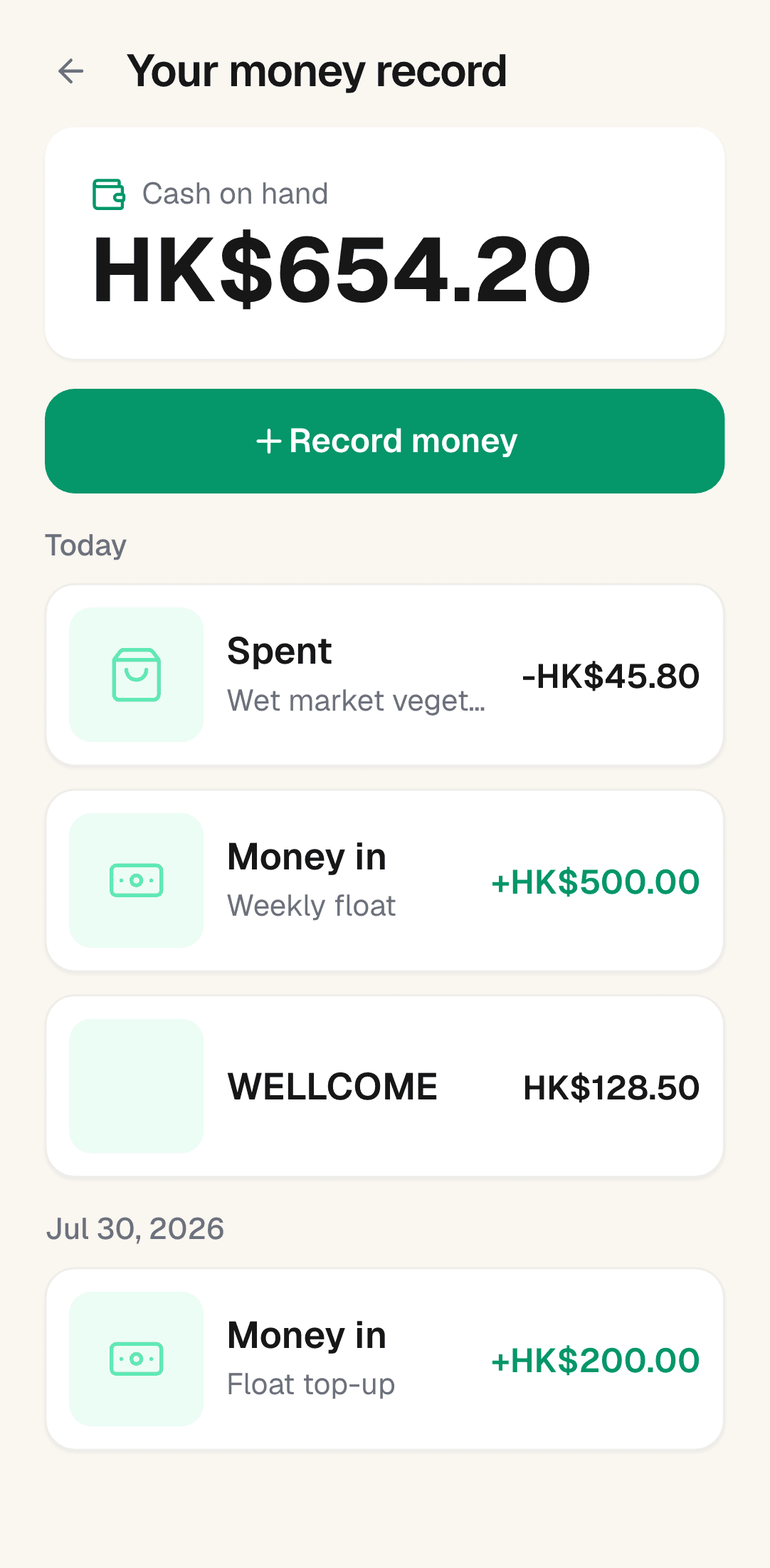 The money record showing HK$654.20 cash on hand above a list of top-ups, spends, and receipts.