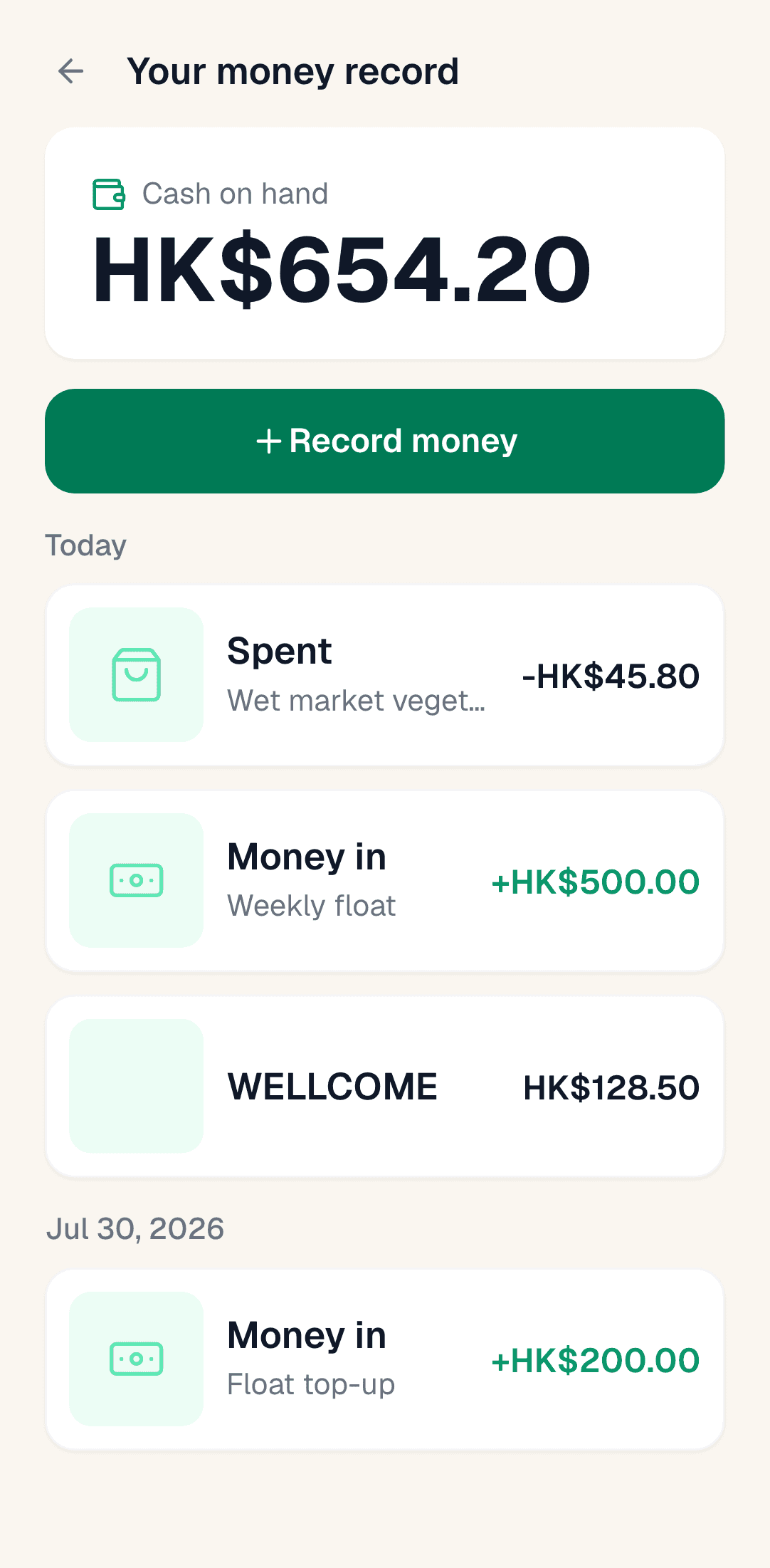 The SamaKasa money record showing HK$654.20 cash on hand above a list of top-ups, spends, and receipts.