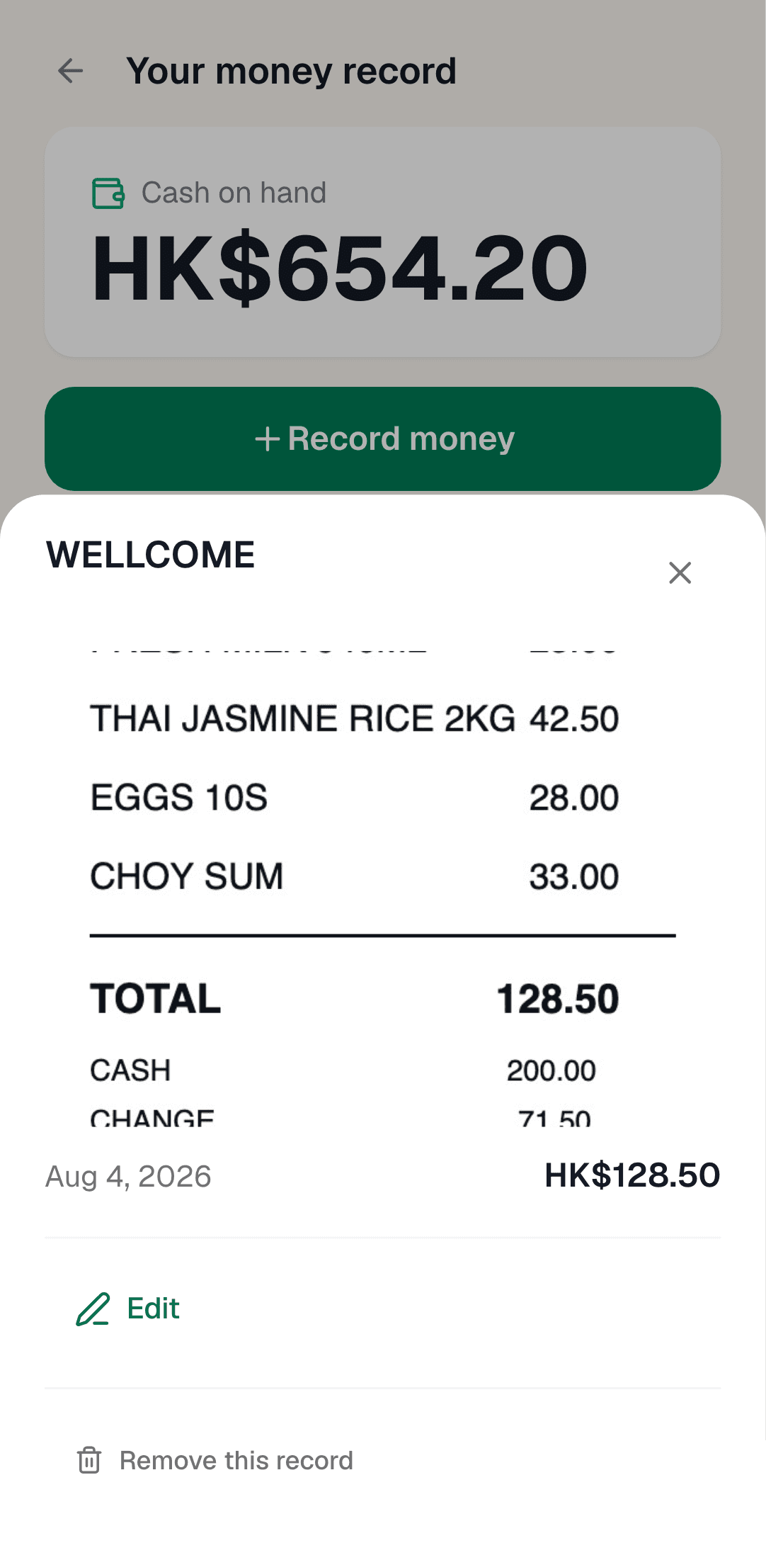 A captured Wellcome receipt in SamaKasa with item lines and the total of HK$128.50 recorded against it.