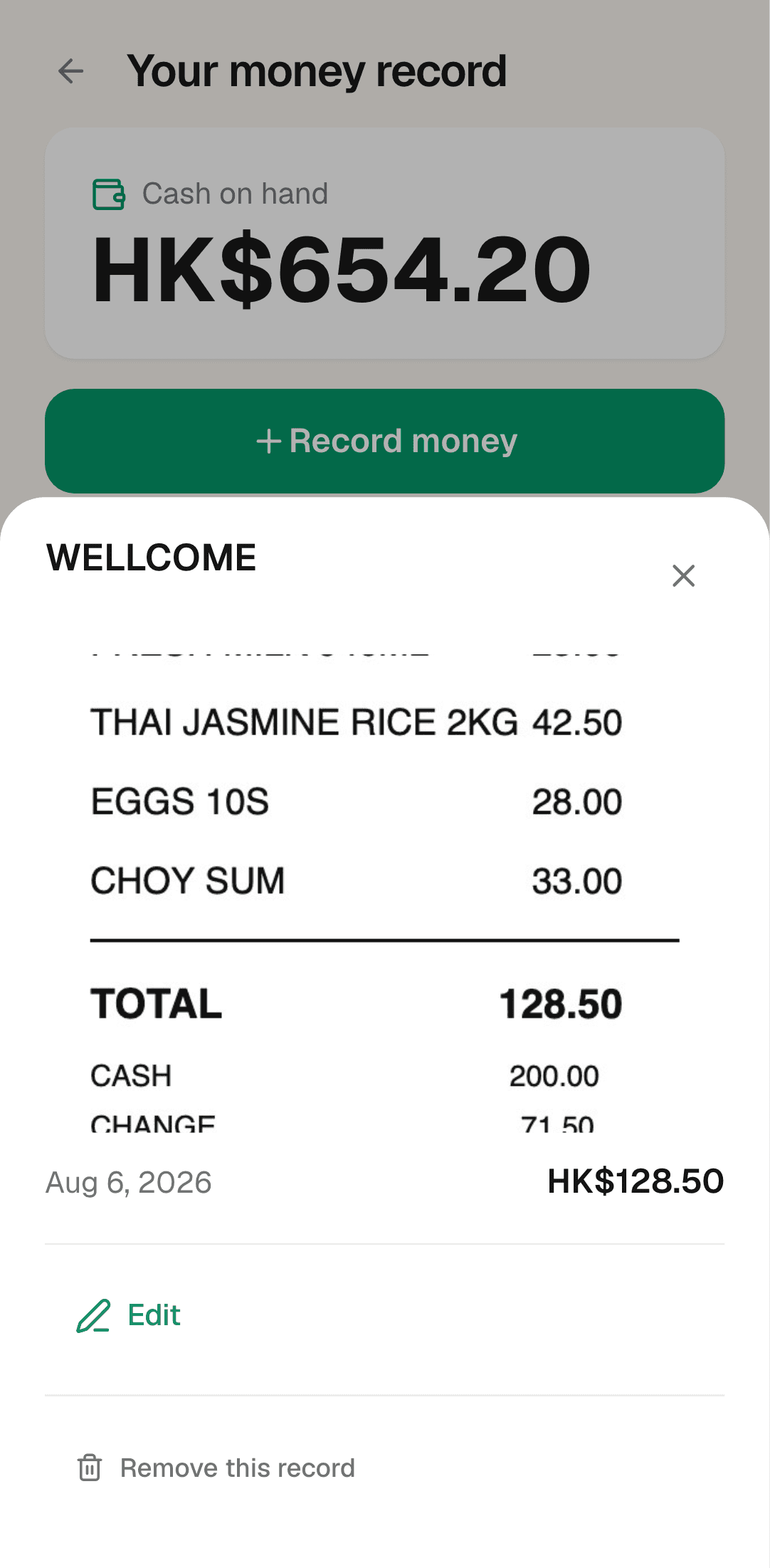 A captured Wellcome receipt with item lines and the total of HK$128.50 recorded against it.