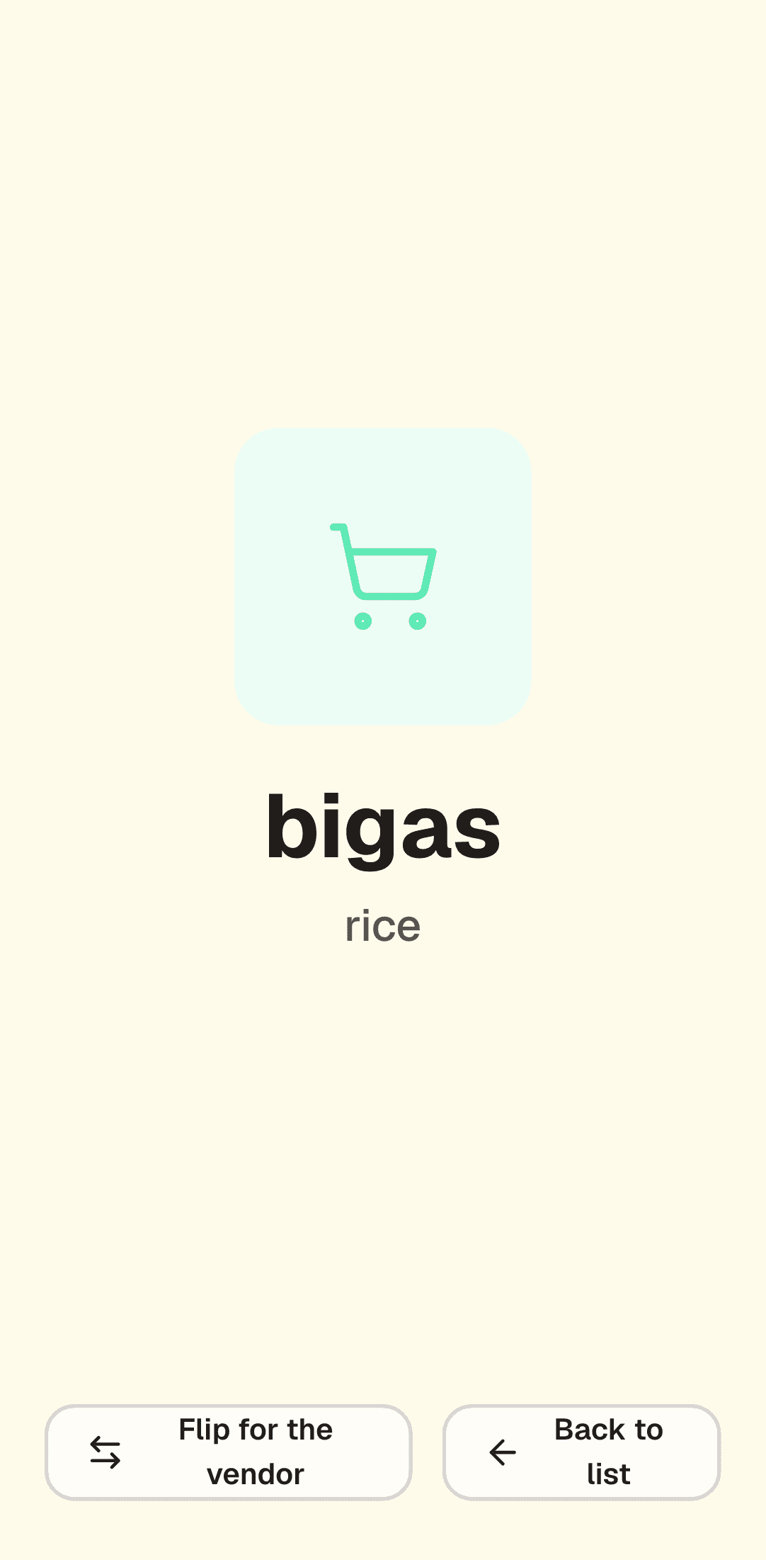 Vendor mode showing the word bigas in large print with rice underneath, ready to hold up at a market stall.